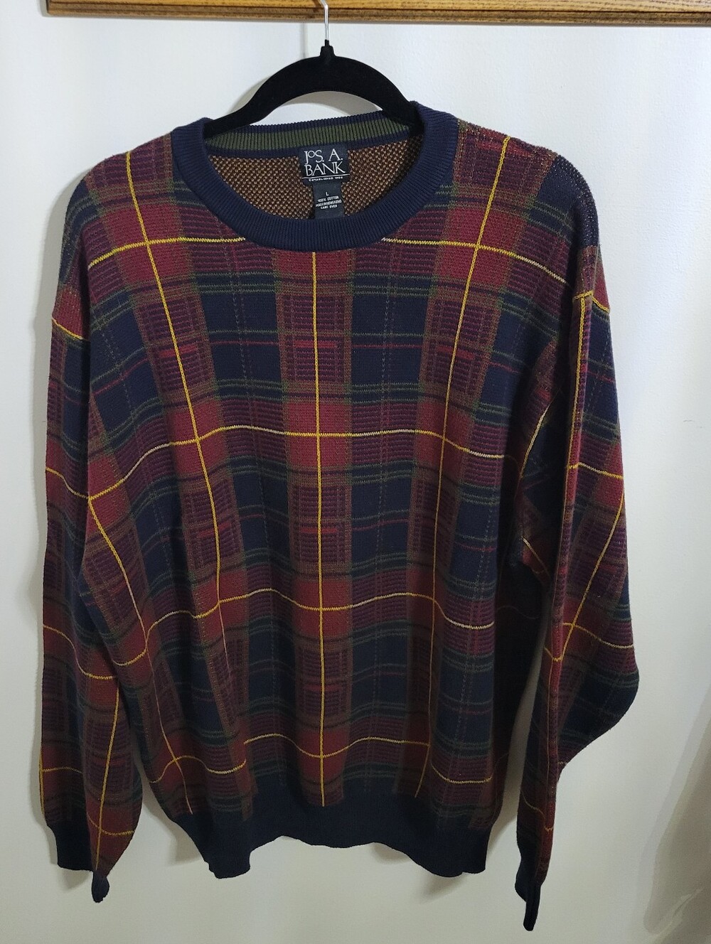 Vintage Jos. A. Bank Navy, Burgundy & Yellow Plaid Cotton Crewneck Sweater, Sz L